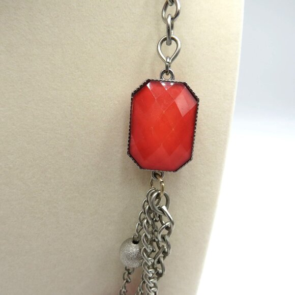 Multi Strand Layered Necklace Bib Coral Pink Faceted Beads 32" Silver Tone Chain - Picture 6 of 7